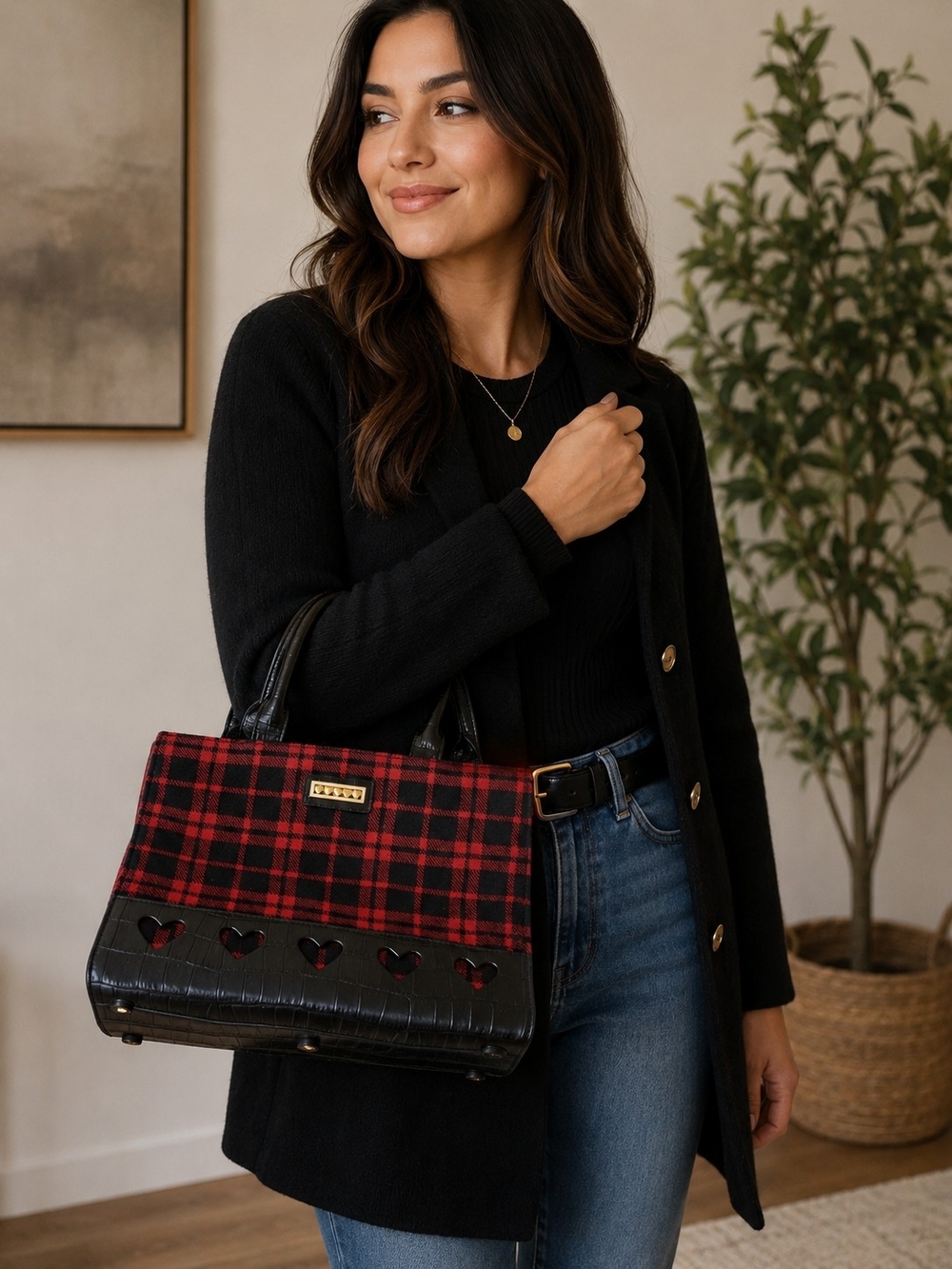 Brighton Satchel Womens Medium Red Black Plaid Heart Trim Handbag Purse Tote Bag